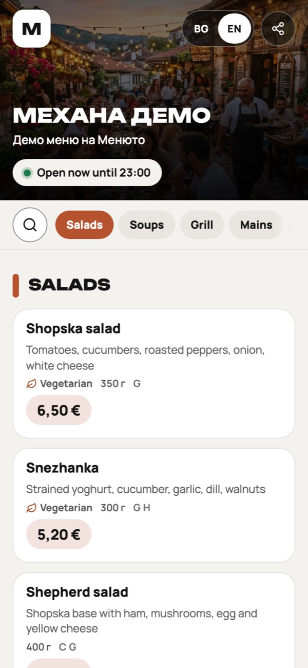 Digital menu of a demo restaurant in Menuto